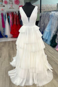 V-Neck Pleated Layered Long Formal Dress