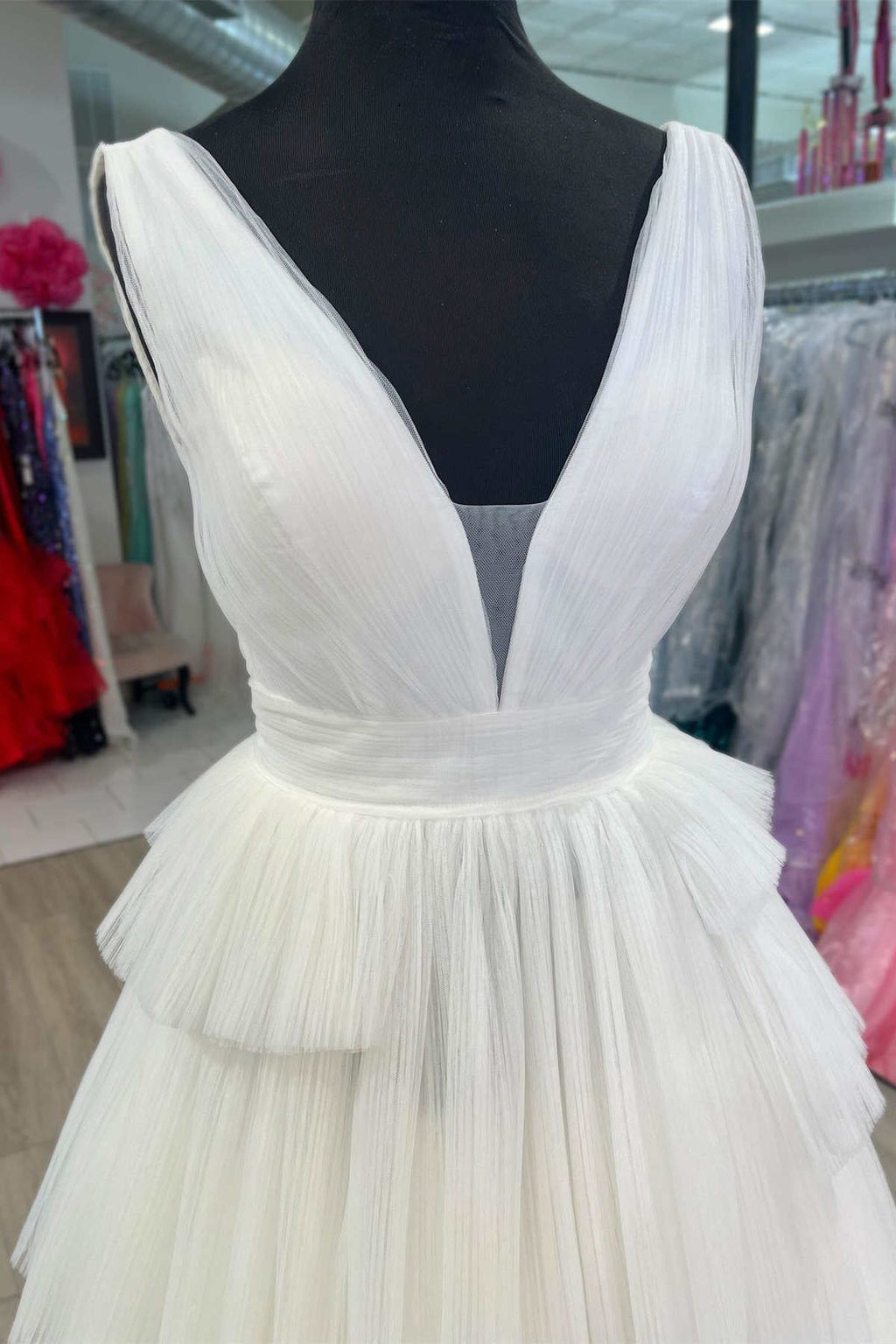 V-Neck Pleated Layered Long Formal Dress