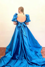 Lynette | Square Neck Fuchsia Puff Sleeves A-Line Prom Dress