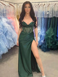 Genie | Sheer Corset Dark Green Beaded Mermaid Long Formal Dress