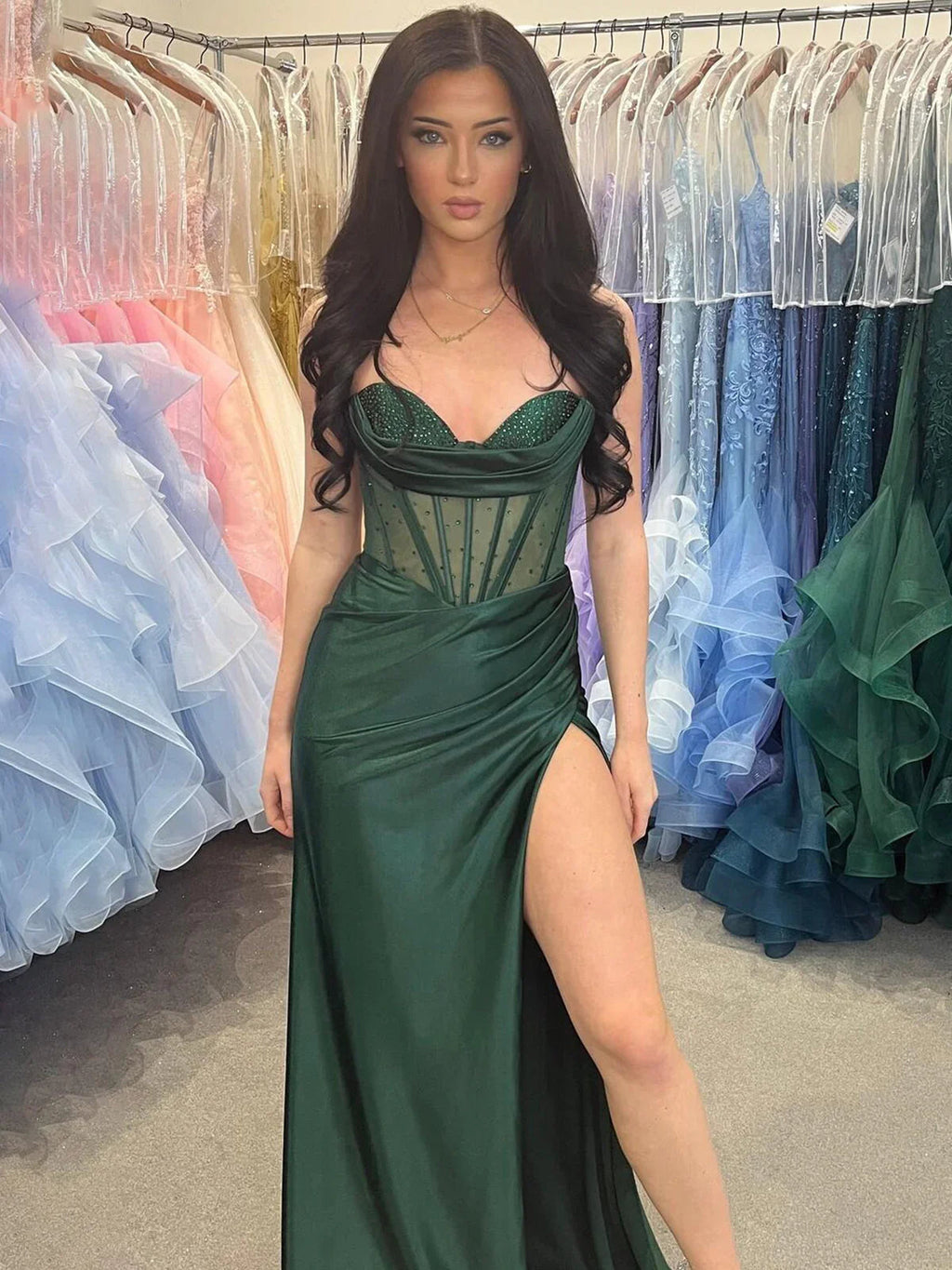 Genie | Sheer Corset Dark Green Beaded Mermaid Long Formal Dress
