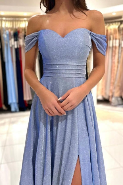 Glamorous Blue Long Glitter Off-the-shoulder Sleeveless Evening Dresses With Slit