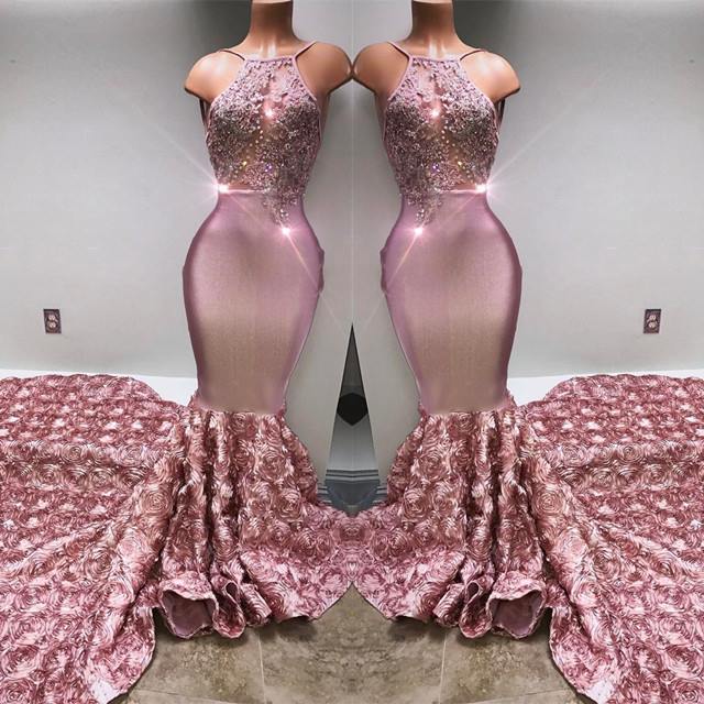 Glamorous Halter Mermaid Pink Prom Dress Lace With 3D-Floral Flowers Bottom