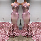 Glamorous Halter Mermaid Pink Prom Dress Lace With 3D-Floral Flowers Bottom