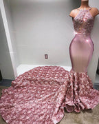 Glamorous Halter Mermaid Pink Prom Dress Lace With 3D-Floral Flowers Bottom