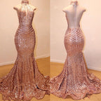 Glamorous High-Neck Sleeveless Sequins Mermaid Long Sequins Evening Gowns