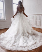 Glamorous Long A-Line Spaghetti-Straps Lace Appliques Wedding Dresses