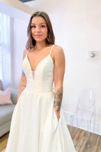 Glamorous Long A-Line Sweetheart Satin Backless Wedding Dress With Pockets