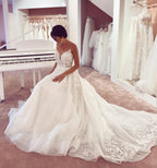 Glamorous Long A-Line V-neck Appliques Lace Tulle Wedding Dress