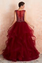 Glamorous Long Ball Gown V-neck Tulle Burgundy Prom Dress