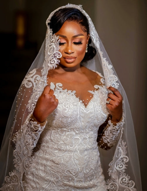 Glamorous Long Mermaid Appliques Long Sleeves Wedding Dresses With Lace