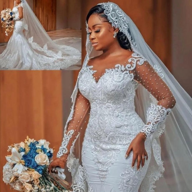 Glamorous Long Mermaid Appliques Long Sleeves Wedding Dresses With Lace