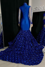 Glamorous Long Mermaid High Neck Flowers Sequined Prom Dress With Long Sleeves