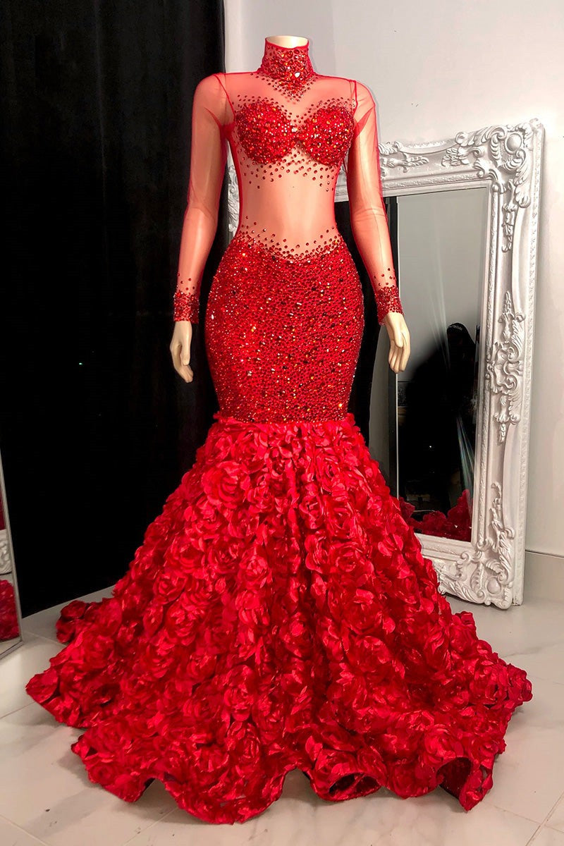 Glamorous Long Mermaid High Neck Flowers Sequined Prom Dress With Long Sleeves