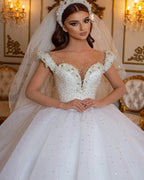 Glamorous Long Princess Off the Shoulder Beading Pearl Tulle Wedding Dress