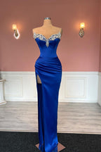 Glamorous Long Royal Blue Column Jewels Strapless Prom Dress With Slit