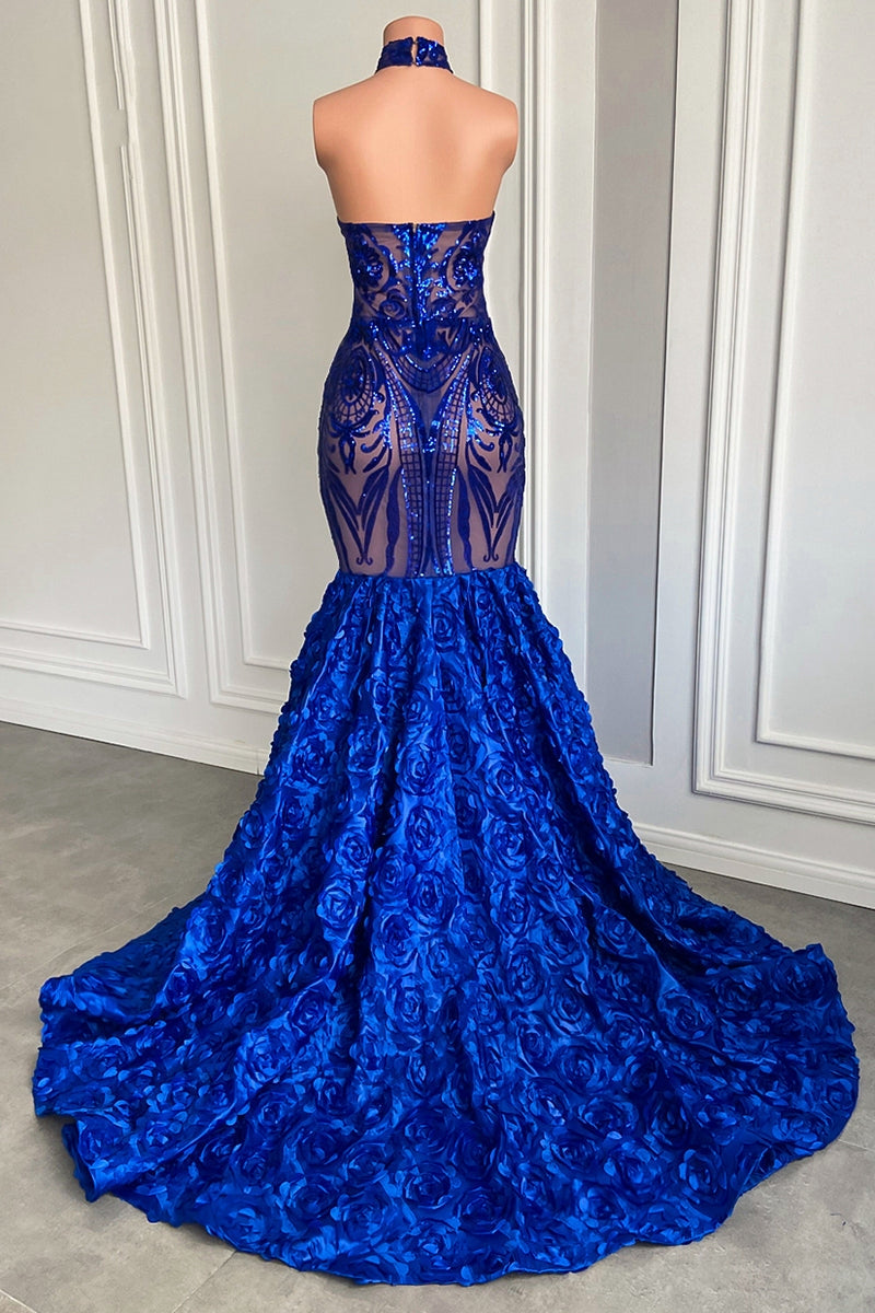Glamorous Long Royal Blue Halter Lace Flowers Sleeveless Mermaid Prom Dress