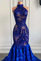 Glamorous Long Royal Blue Halter Lace Flowers Sleeveless Mermaid Prom Dress