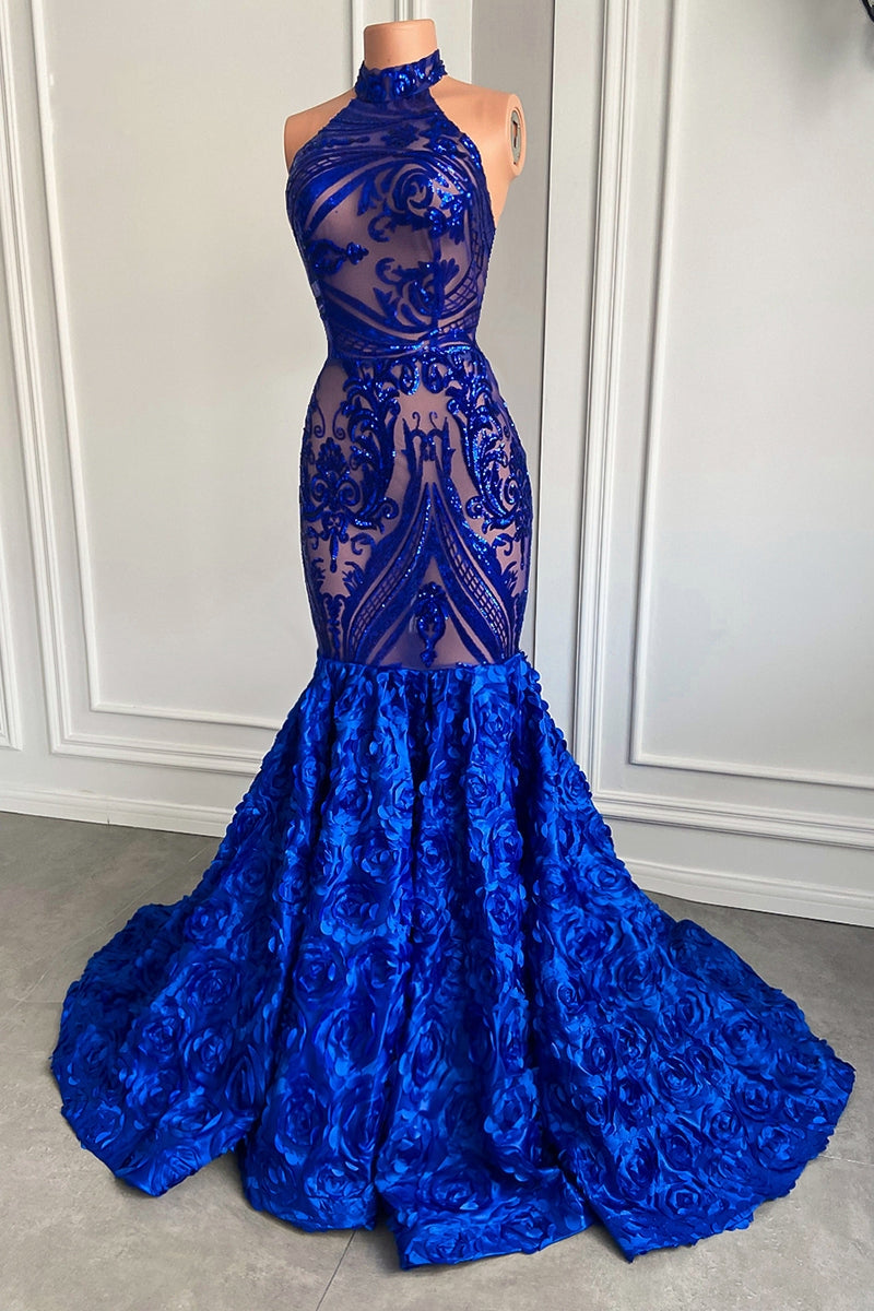 Glamorous Long Royal Blue Halter Lace Flowers Sleeveless Mermaid Prom Dress