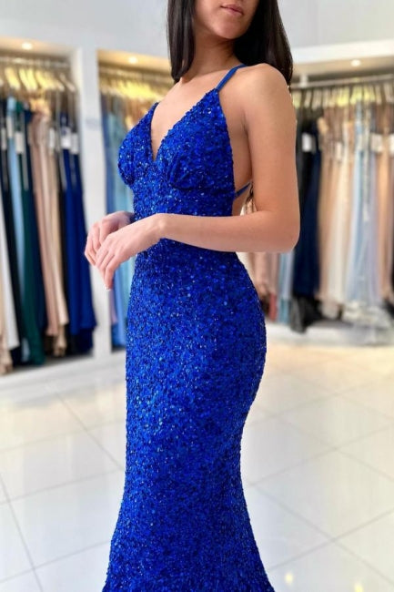 Glamorous Long Royal Blue V-neck Spaghetti Straps Glitter Sleeveless Evening Dresses