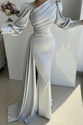 Glamorous Long Silver Mermaid Satin Pleated Long Sleeves Prom Dress with Side Slit