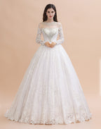 Glamorous Long Sleeve Beads White/Ivory Lace Appliques Wedding Dress