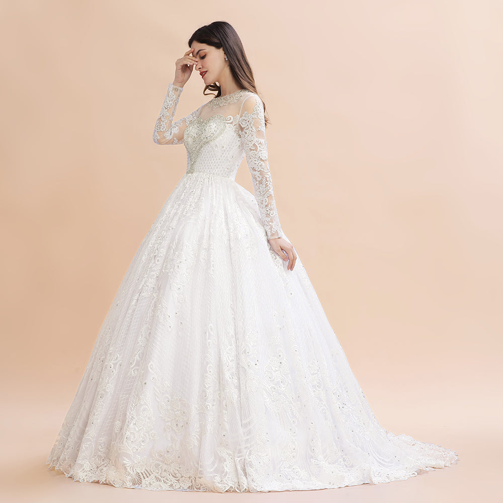 Glamorous Long Sleeve Beads White/Ivory Lace Appliques Wedding Dress