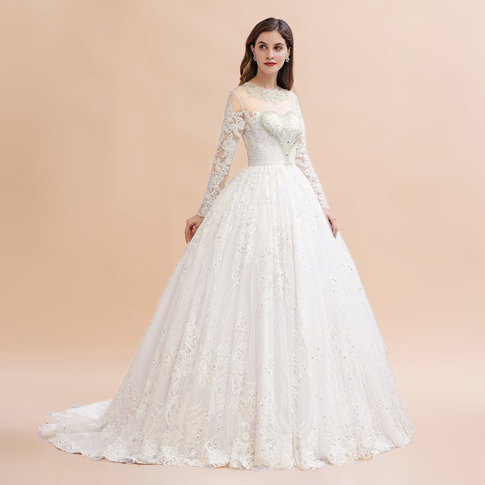 Glamorous Long Sleeve Beads White/Ivory Lace Appliques Wedding Dress