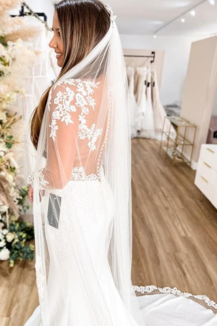 Glamorous Long Sleeves Hollow Back Floral Lace Mermaid Wedding Dress