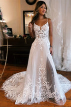 Glamorous Long White A-line Spaghetti Straps Lace Sleeveless Wedding dresses With Slit