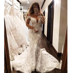 Glamorous Off-the-Shoulder Long Sleeves V-Neck Appliques Mermaid Wedding Dress