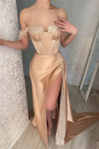 Glamorous Off-the-shoulder Sequined Sleeveless Mermaid Prom Dress With Slit