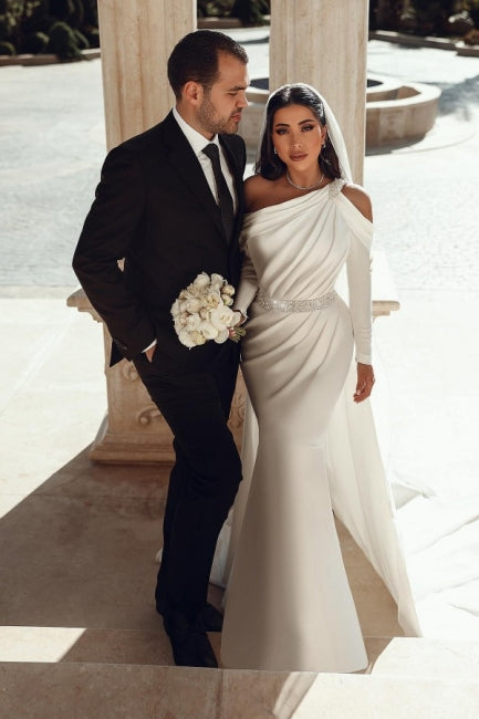 Glamorous one shoulder long sleeves mermaid satin Wedding dress with ruffles