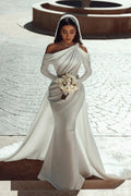 Glamorous one shoulder long sleeves mermaid satin Wedding dress with ruffles