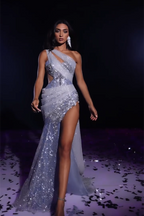 Glamorous One Shoulder Mermaid Beading Split Prom Dress With Lace