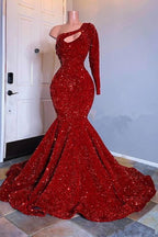 Glamorous Red Long Sleeves One-Shoulder Mermaid Prom Dress Sequins