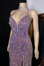 Glamorous Spaghetti Straps V-neck Sequined Sleeveless Prom Dress With Slit
