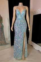 Glamorous Spaghetti Straps V-neck Sequined Sleeveless Prom Dress With Slit