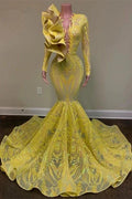 Glamorous Yellow V-neck Long Sleeve Floor-length Mermaid Prom Dresses
