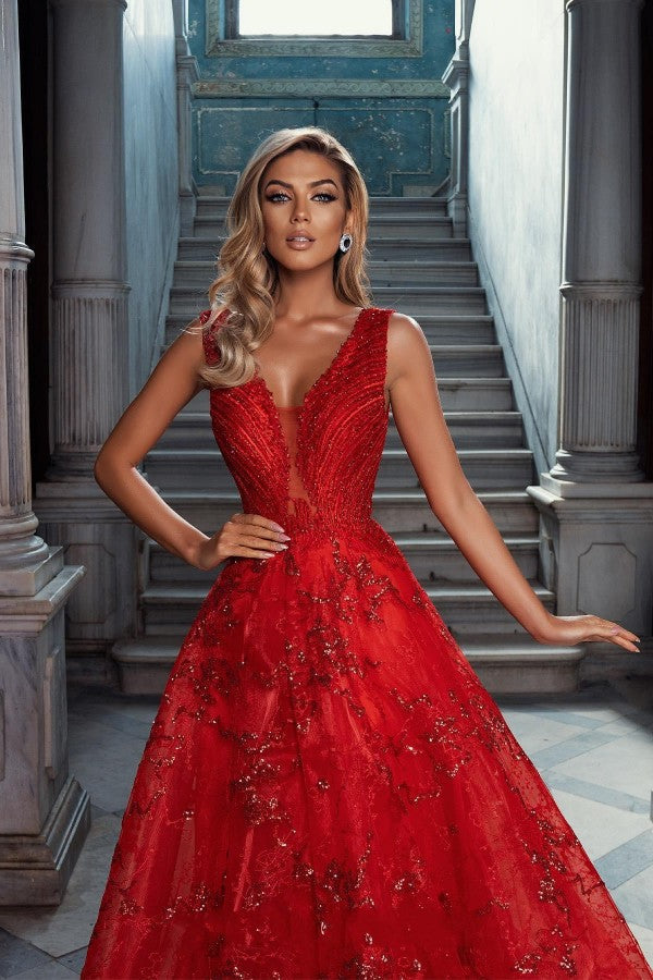 Glitter Long A-line V-neck Lace Tulle Red Prom Dress