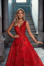 Glitter Long A-line V-neck Lace Tulle Red Prom Dress