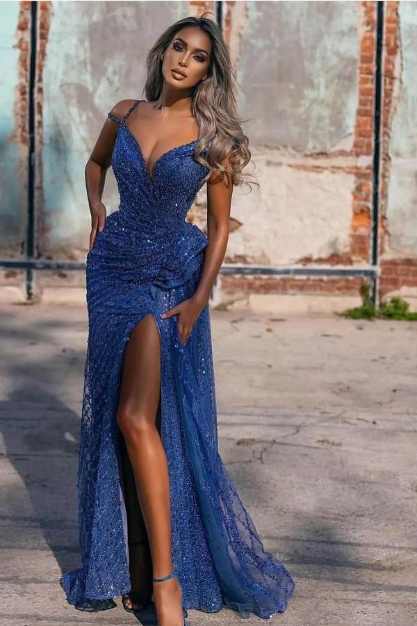 Glitter Long Mermaid Off the Shoulder Sequins Formal Evening Dresses with Slit