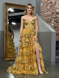 Roycebridal Gold Princess A Line Off the Shoulder Corset Prom Dress with Lace Ruffles