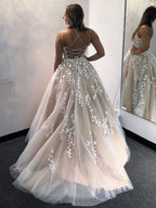 Gorgeous A-line Backless Tulle Open Back Long Prom Dresses with Lace Appliques