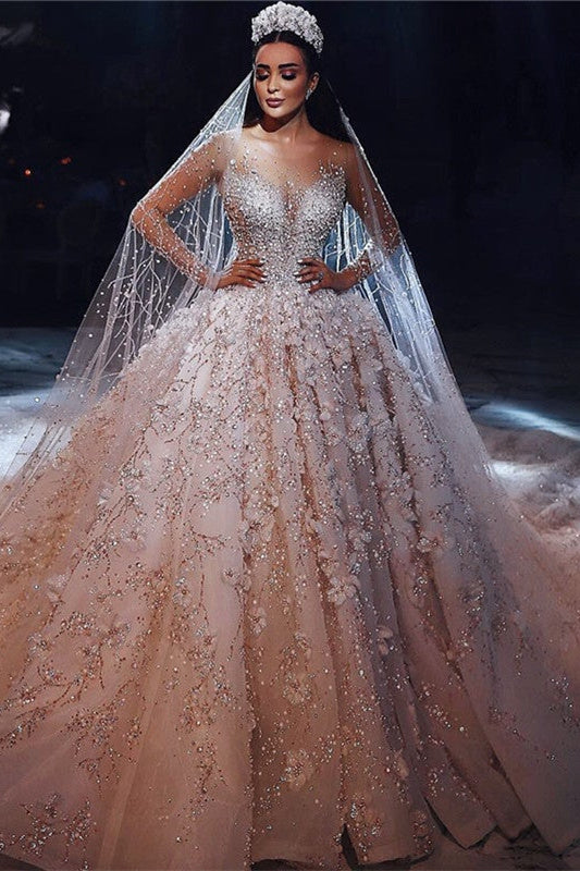 Gorgeous Beading Floral Bridal Wears Sheer Neck Long Sleeves Princess Wedding Dress