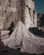 Gorgeous Beading Floral Bridal Wears Sheer Neck Long Sleeves Princess Wedding Dress