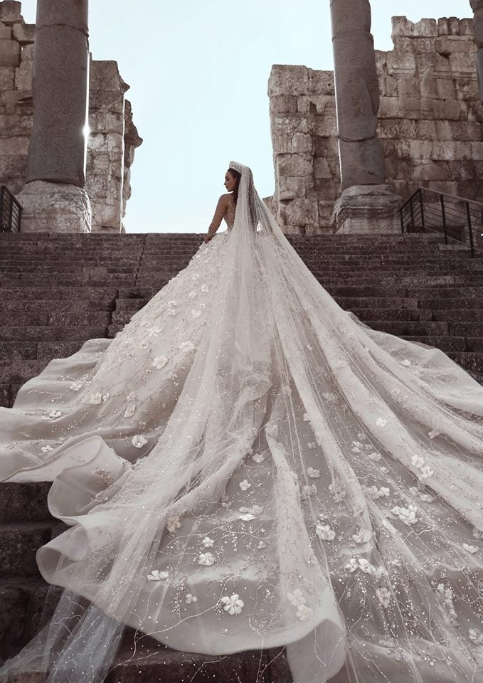Gorgeous Beading Floral Bridal Wears Sheer Neck Long Sleeves Princess Wedding Dress