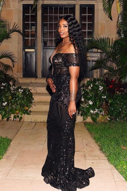 Gorgeous Black One Shoulder Long Sleeve Lace Mermaid Prom Dress