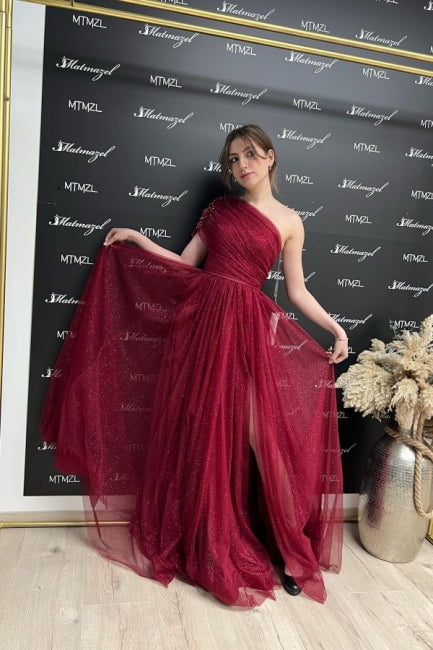 Gorgeous Burgundy Long Glitter A-line One Shoulder Sleeveless Evening Dresses With Slit