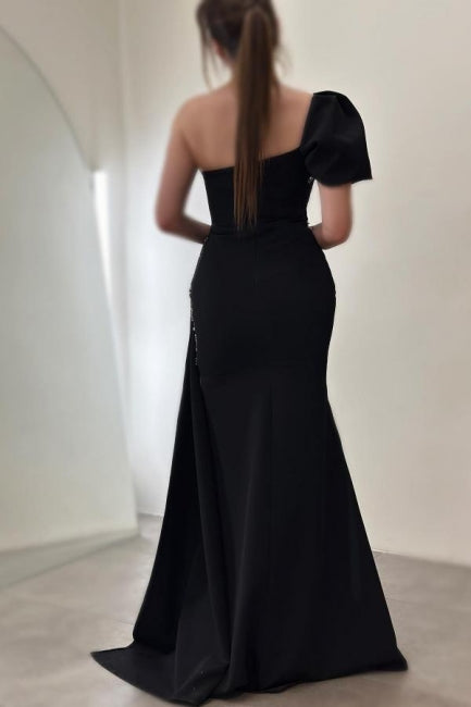 Gorgeous Column Satin One Shoulder Sleeveless Prom Dresses With Sequined Split